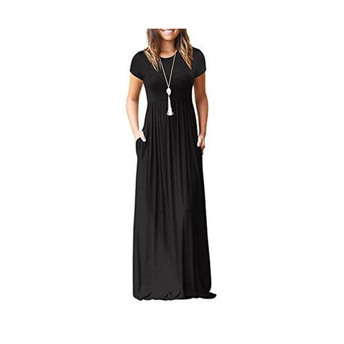 Viishow Women s Short Sleeve Loose Plain Maxi Dresses Casual Long Dresses with Pockets Black L - superazone