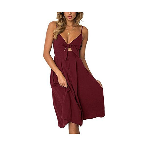 ECOWISH Womens Dresses Summer Tie Front V Neck Spaghetti Strap Button Down A Line Backless Swing Midi Dress Wine Red M - superazone