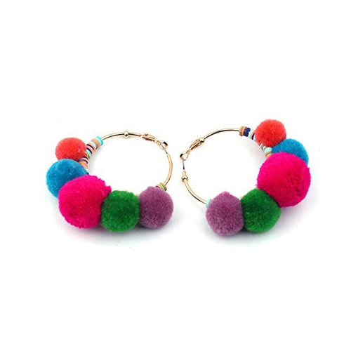 Women Hoop Earrings Statement Gold Pom Poms Fashion Big charm Jewelry 755 - superazone