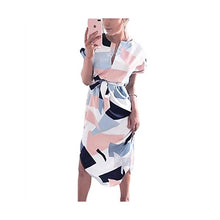 Poptem Womens Summer Casual V Neck Geometric Pattern Belted Midi Pencil Dresses White Medium - superazone