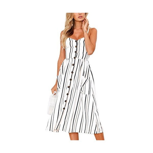 Angashion Women s Dresses Summer Floral Bohemian Spaghetti Strap Button Down Swing Midi Dress with Pockets White Striped M - superazone