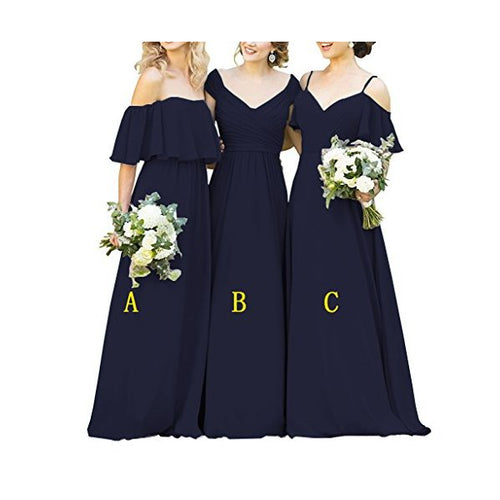 Ruffles Chiffon Floor Length Bridesmaid Dresses Elegant Wedding Evening Gowns Short Sleeve Prom Dress Navy Blue c US16 - superazone