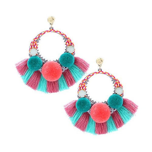 KingWang Womens Hoop Tassels Earrings for Women Statement Pom Poms Drop Bohemian Dangle Earings C - superazone