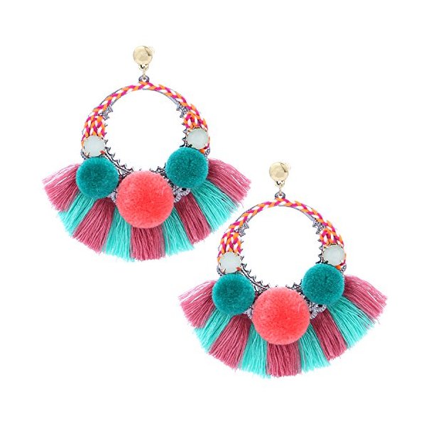 KingWang Womens Hoop Tassels Earrings for Women Statement Pom Poms Drop Bohemian Dangle Earings C - superazone