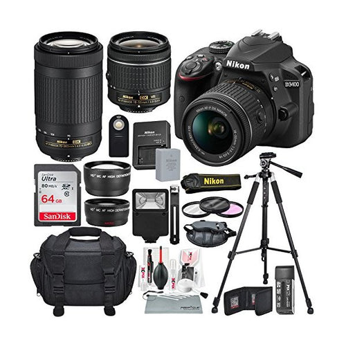 Nikon D3400 with AF P DX NIKKOR 18 55mm f 3 5 5 6G VR Nikon AF P DX NIKKOR 70 300mm f 4 5 6 3G ED Lens 64GB Deluxe Accessor - superazone