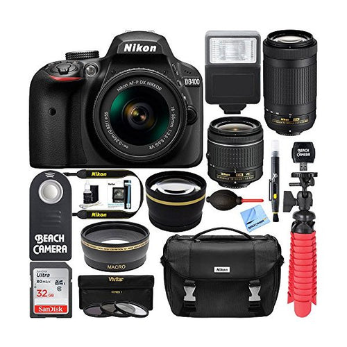 Nikon D3400 DSLR Camera AF P DX 18 55mm 70 300mm NIKKOR Zoom Lens Bundle Kit - superazone