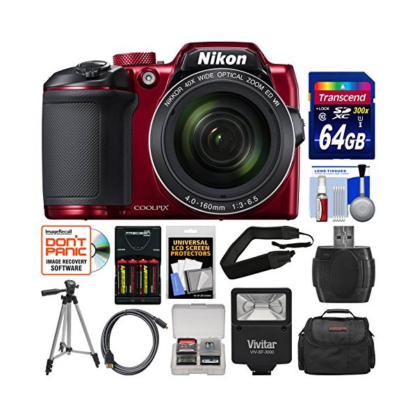 Nikon Coolpix B500 Wi Fi Digital Camera Red with 64GB Card Case Flash Batteries Charger Tripod Strap Kit - superazone